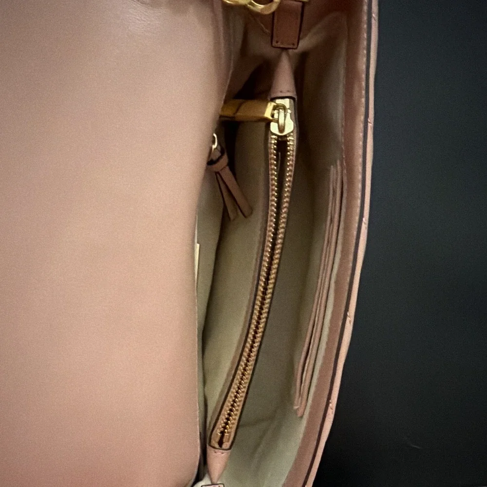 Tory Burch Pink Medium Kira Shoulder Bag Chevron Quilted Gold Chain Convertible